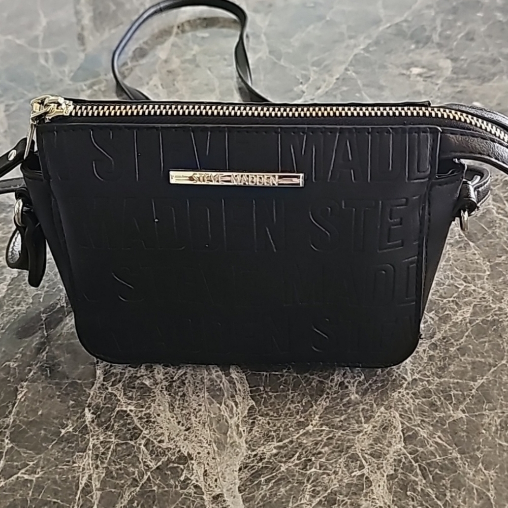 Steve Madden BCUBA Black Logo Embossed Crossbody Bag Gold Tone Hardware